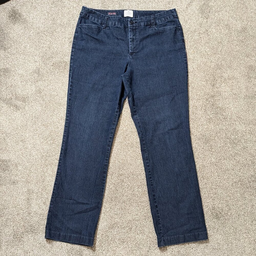 ST. JOHN'S BAY, Dark Blue Denim High-Rise Straight Leg Jeans; Size 16